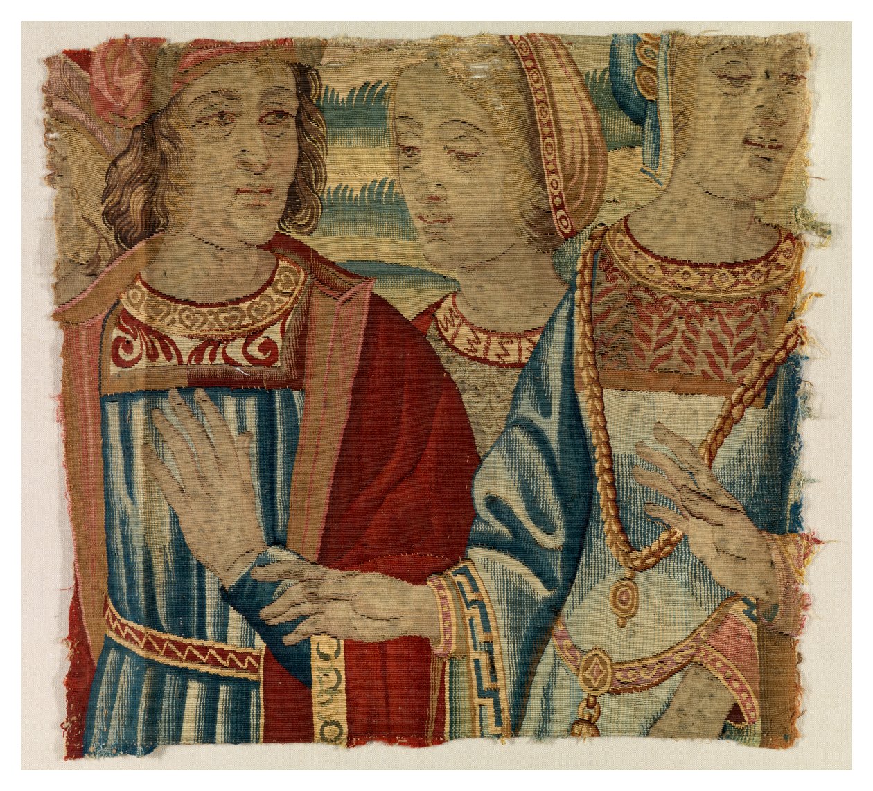 Fragment gobelinu przedstawiający mężczyznę i dwie kobiety, wykonany prawdopodobnie w Brukseli, Belgia, początek XVI w. (wełna i jedwab) autorstwa Belgian School