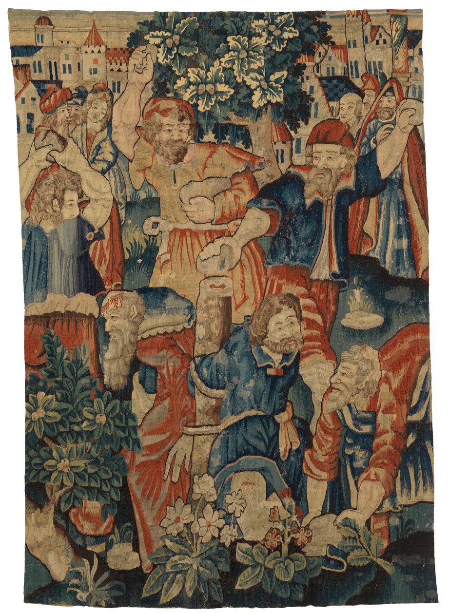 Fragment gobelinu przedstawiający Ukamienowanie Starszych, wykonany prawdopodobnie w Brukseli w Belgii autorstwa Belgian School