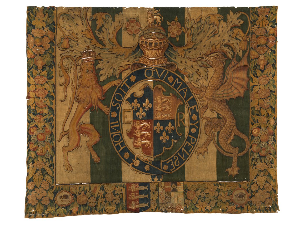 Gobelin z herbem królewskim Edwarda VI i herbem le Grysa, wykonany prawdopodobnie w Enghien, Flandria, Belgia, ok. 1547-53 (wełna) autorstwa Belgian School