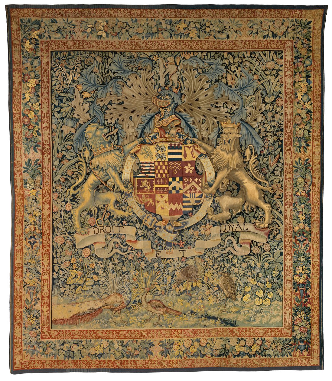 Gobelin Verdure z herbem Roberta Dudleya, hrabiego Leicester (jeden z pary 47.1), wykonany we Flandrii w Belgii, około 1570-85 (wełna i jedwab) autorstwa Belgian School