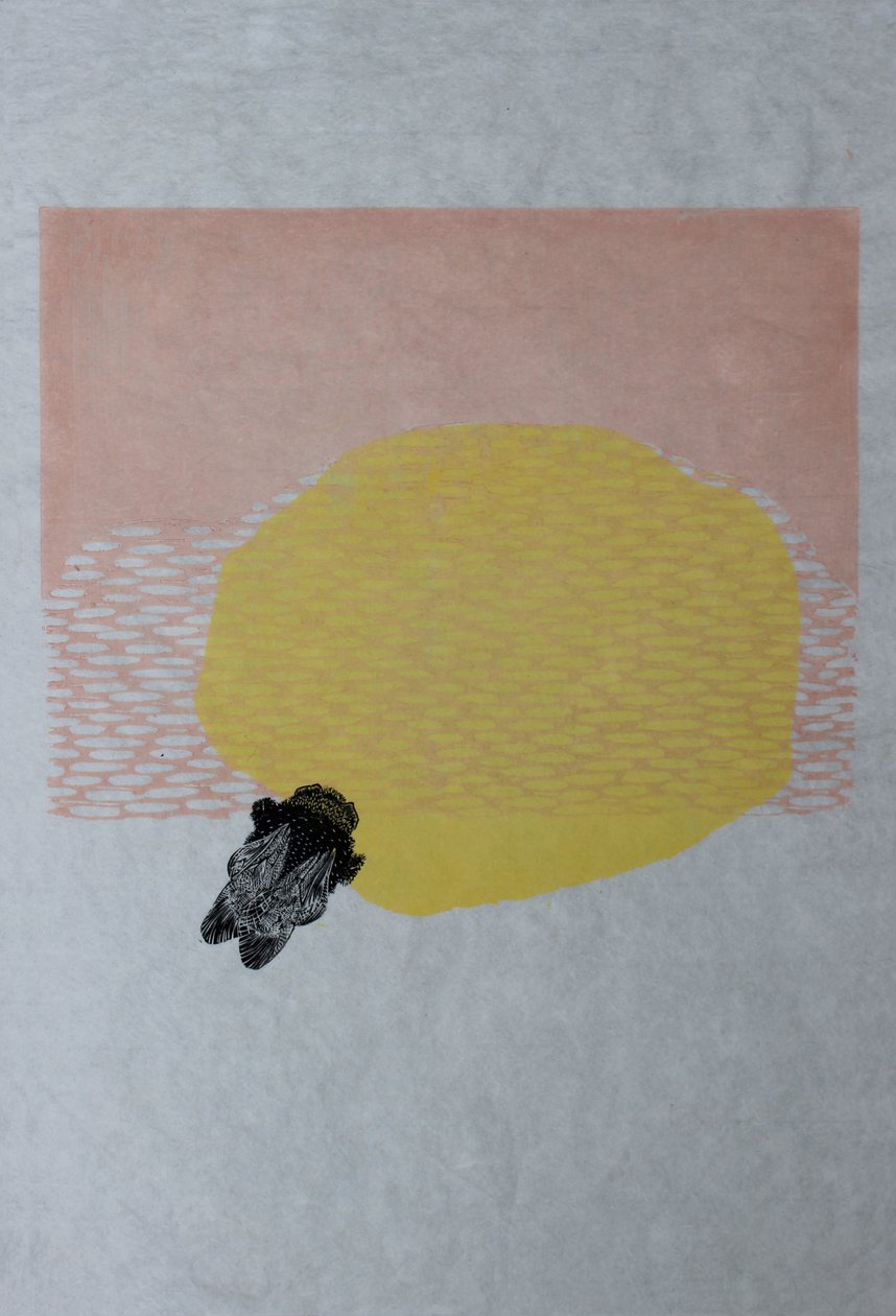 Trzmiel i słońce, 2013 (akwarela i drzeworyt na washi) autorstwa Bella Larsson