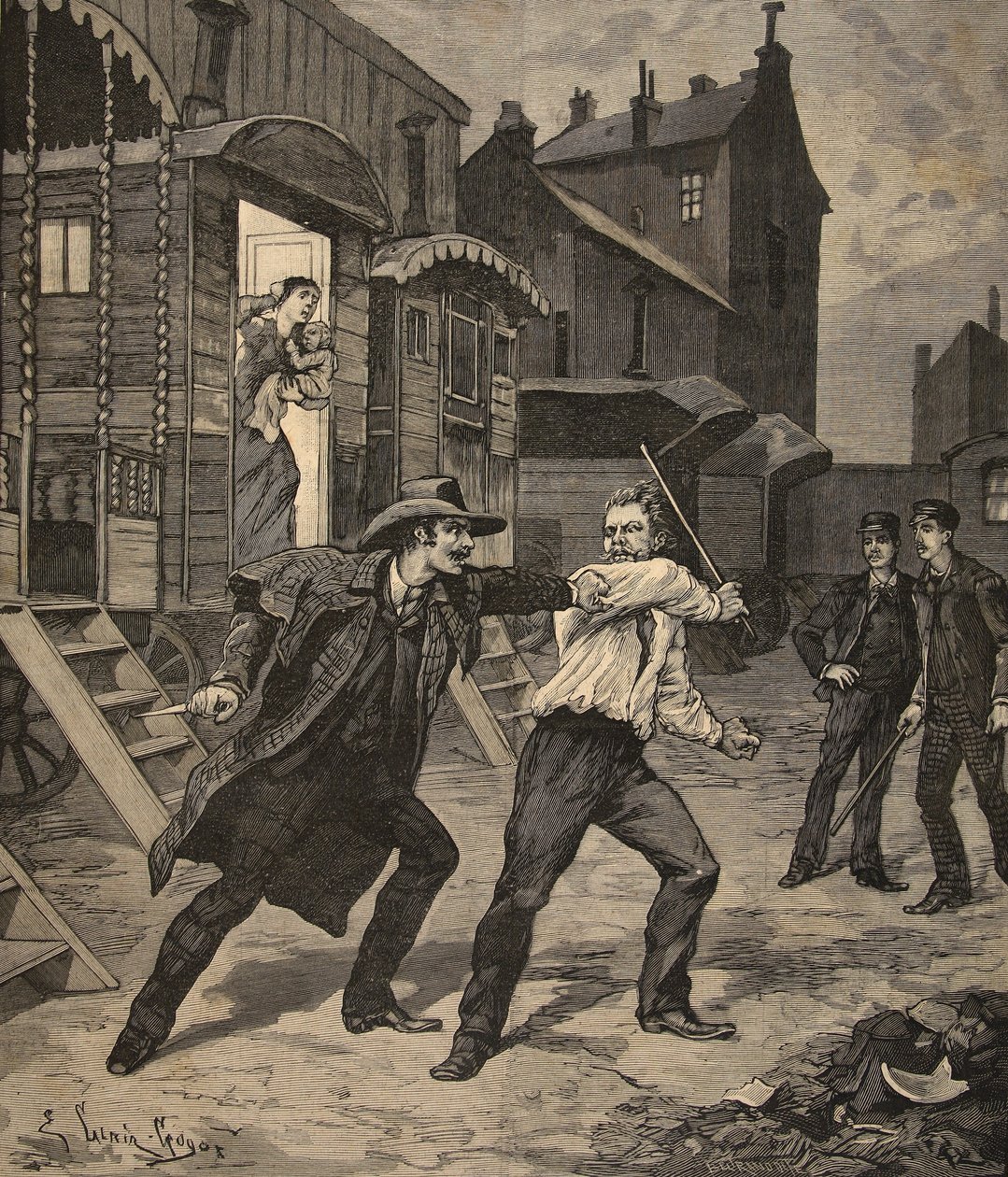 Walka uliczna między pogromcą a ulicznym sprzedawcą, z „Le Petit Parisien”, 26 kwietnia 1891 r. autorstwa Beltrand and Clair Guyot, E. Dete