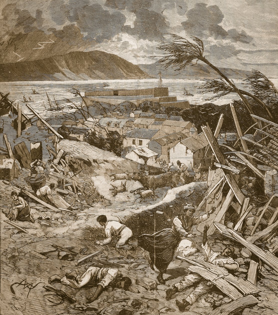 Ścieżka cyklonu do Fort-de-France na Martynice, z „Le Petit Parisien”, 30 sierpnia 1891 autorstwa Beltrand and Clair Guyot, E. Dete