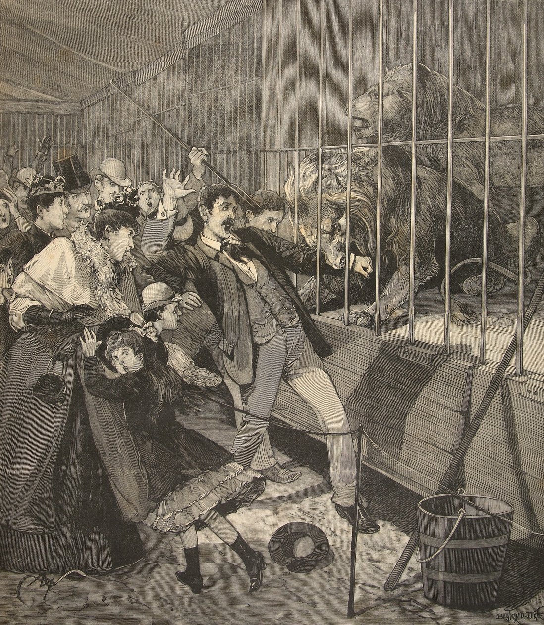 Gość zaatakowany przez lwa w menażerii, z „Le Petit Parisien”, 12 kwietnia 1891 r. autorstwa Beltrand and Clair Guyot, E. Dete