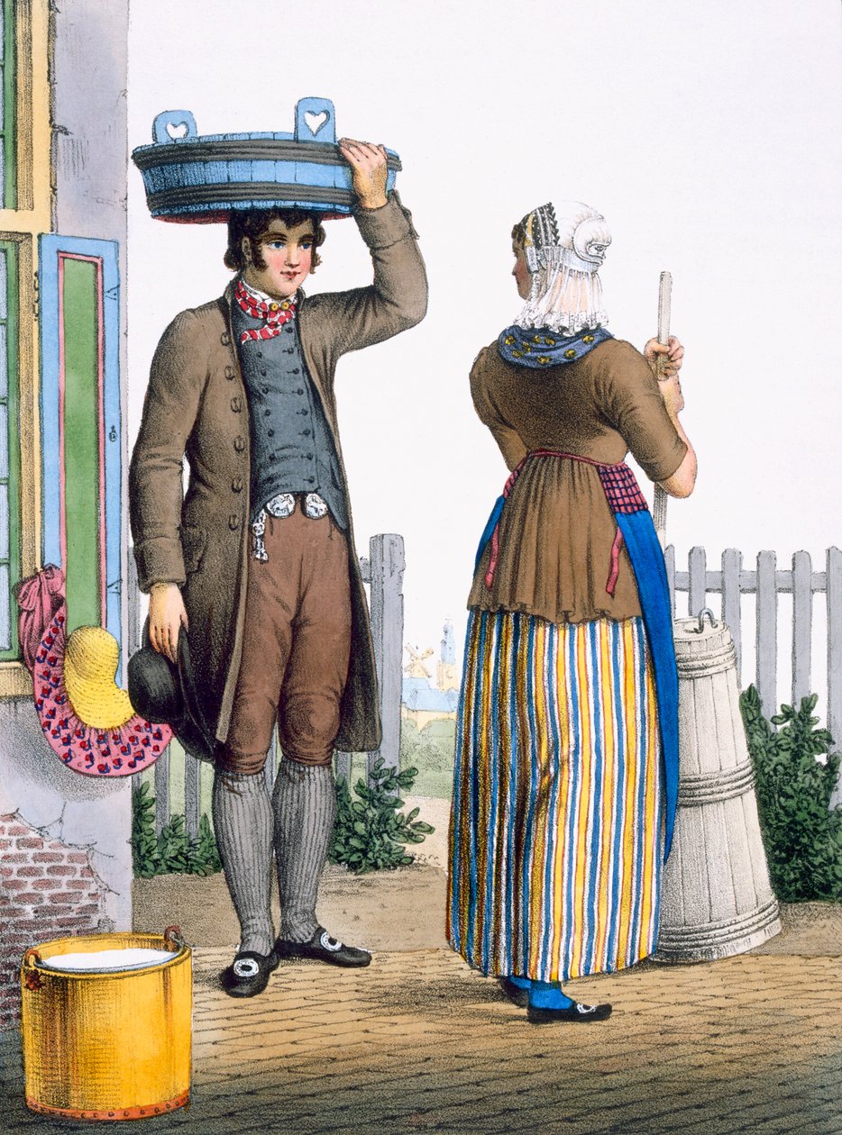 Chłopska para z Parmerend, Holandia Północna, ilustracja z „Zbioru kostiumów północnych prowincji Królestwa Niderlandów…”, 1828 autorstwa Bendrik Greeven
