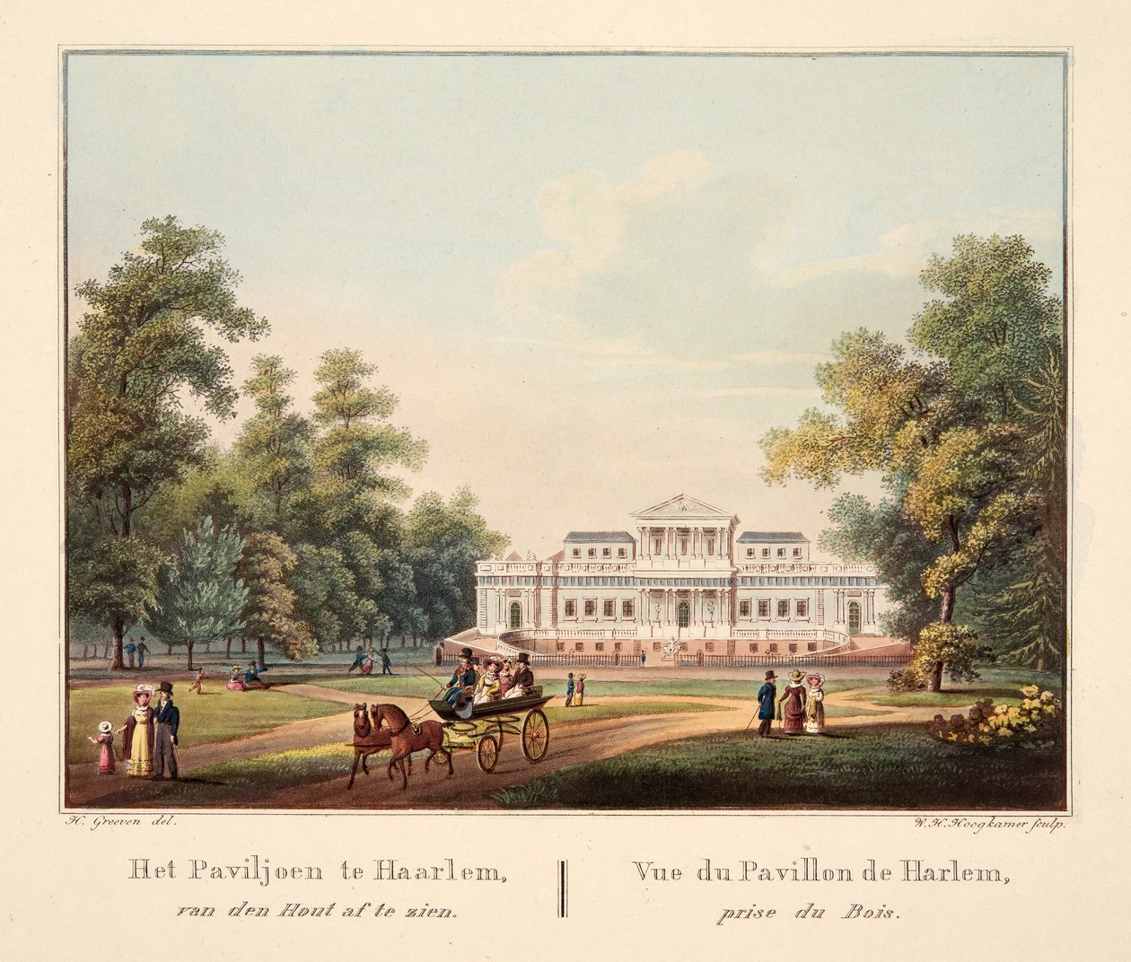 Pawilon w Harlemie, widziany od strony Lasu. Vue du Pavillon de Harlem, prise du Bois, 1825 (rycina ręcznie kolorowana) autorstwa Bendrik Greeven