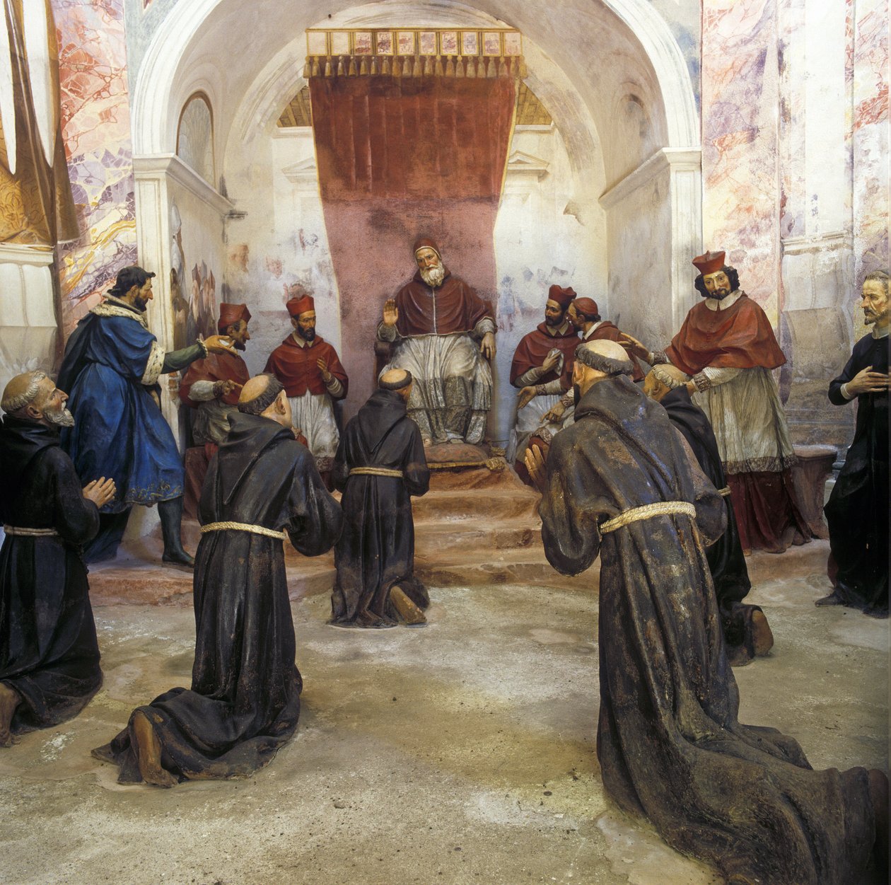 Święty Franciszek z Asyżu i wspólnota franciszkańska otrzymali zatwierdzenie pierwszej reguły przez papieża Innocentego III (1160-1216) w 1210 r. (fresk) autorstwa Benedetto (1580 1630) Crespi