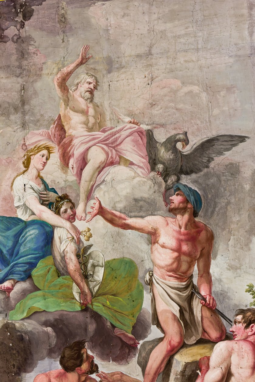 Alegoryczne przedstawienie Olimpu z Jowiszem, Ceres i Wulkanem, szczegół apoteozy pracy, rolnictwa, sztuki i nauki (fresk) autorstwa Benedetto Cotarti