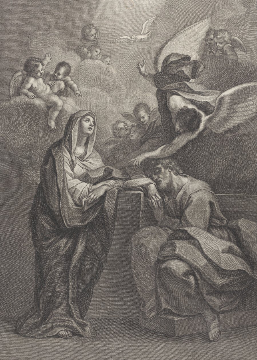 Ilustracja 6: Sen św. Józefa, z Matką Boską po lewej i aniołem powyżej, który wskazuje ..., 1777 autorstwa Benedetto Eredi