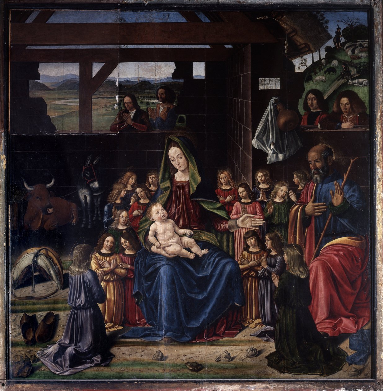 Narodzenie Chrystusa. Obraz Benedetto Ghirlandaio (1458-1497). Olej na drewnie. Wymiary: 147x144cm. Kościół Aigueperse autorstwa Benedetto Ghirlandaio
