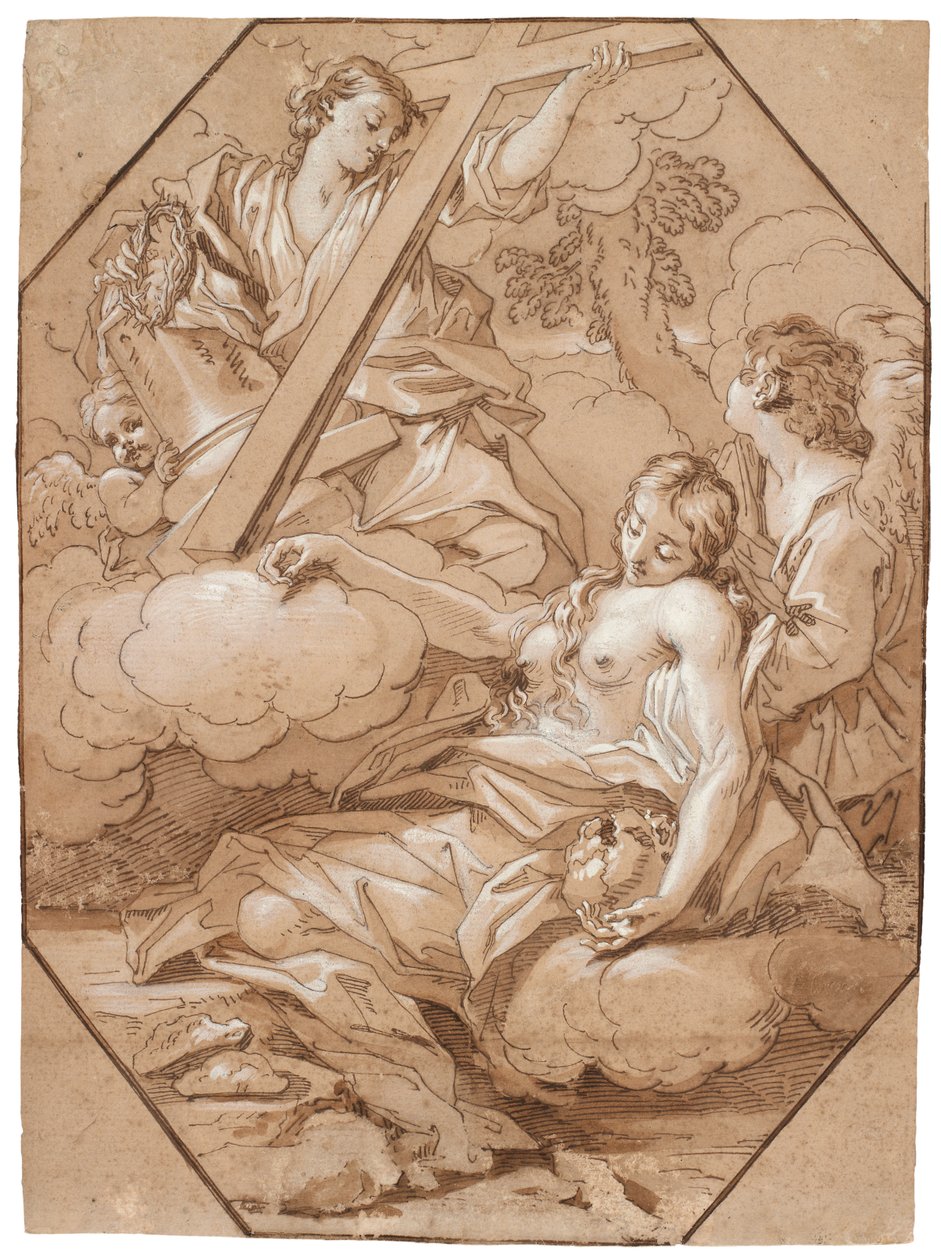 The Ecstasy of Saint Mary Magdalene, c.1715-19 (pióro i atrament z brązowym rozmyciem, podkreślone bielą, z ośmiokątnymi liniami brązowego atramentu na papierze wykładanym) autorstwa Benedetto Luti