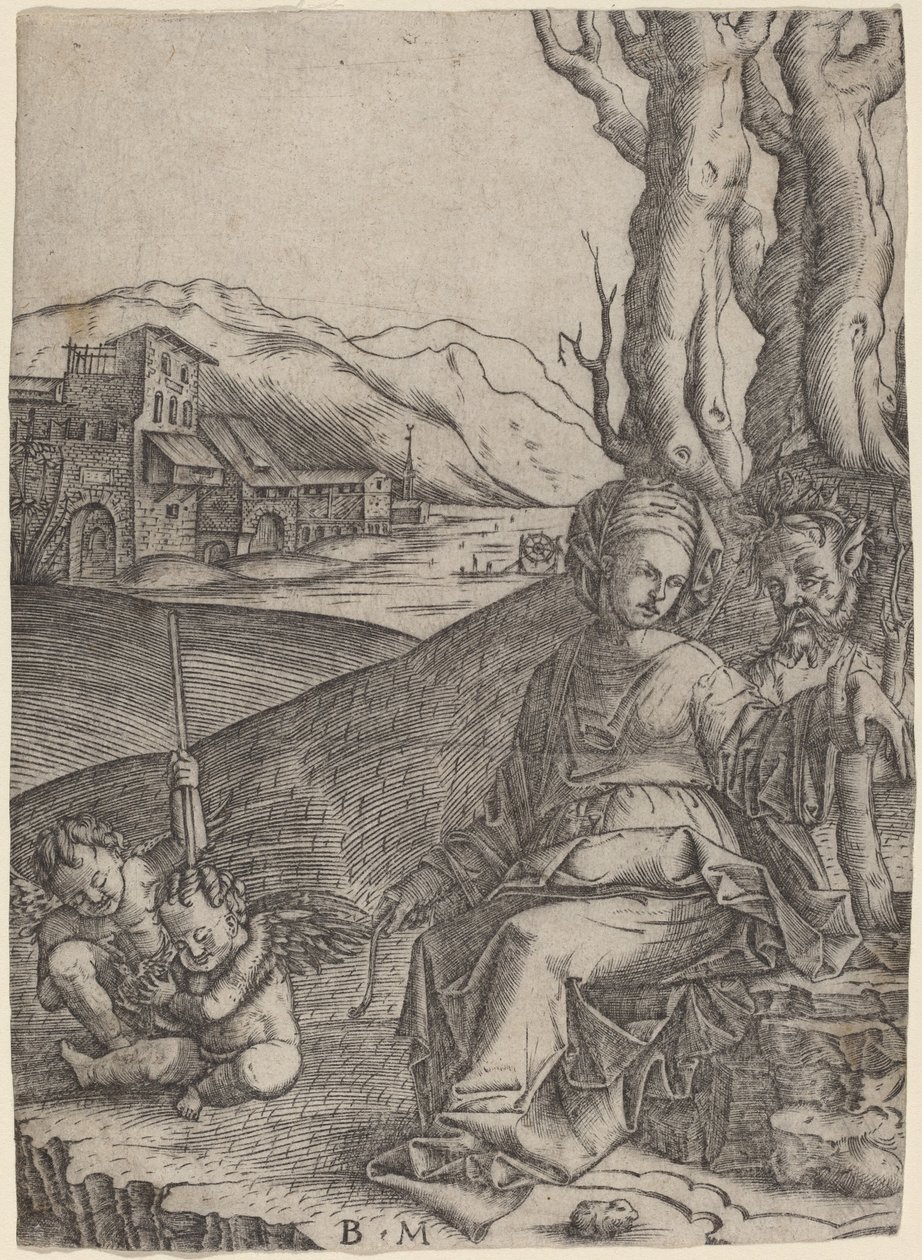 Kobieta i satyr z dwoma amorkami autorstwa Benedetto Montagna