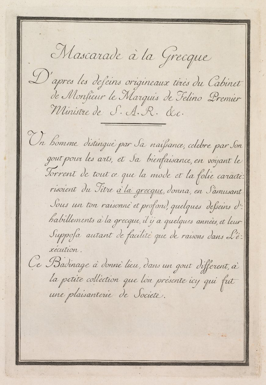 Grecka maskarada: Strona tytułowa, tabliczka 1, 1771. autorstwa Benigno Bossi