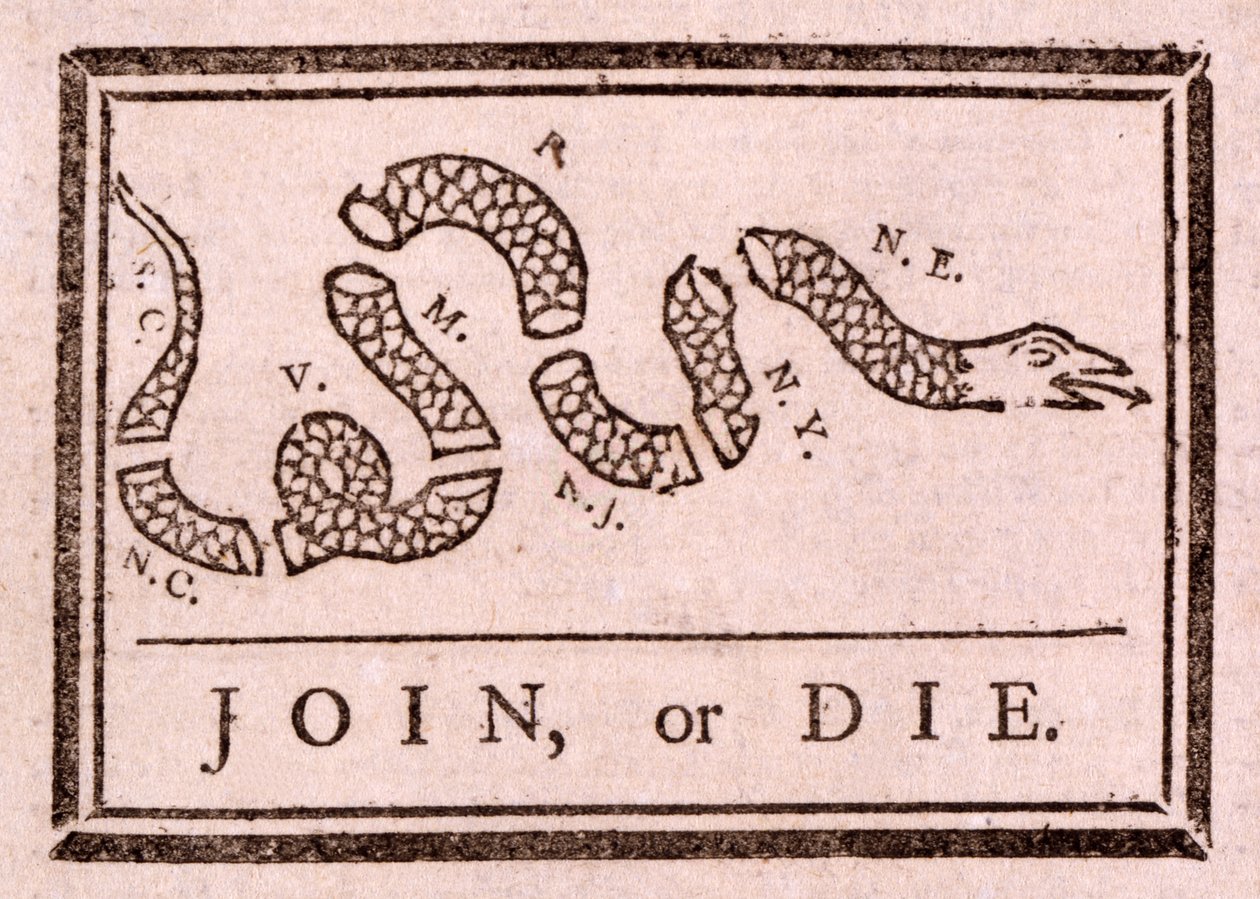 Dołącz lub zgiń, wyd. 1754 autorstwa Benjamin Franklin