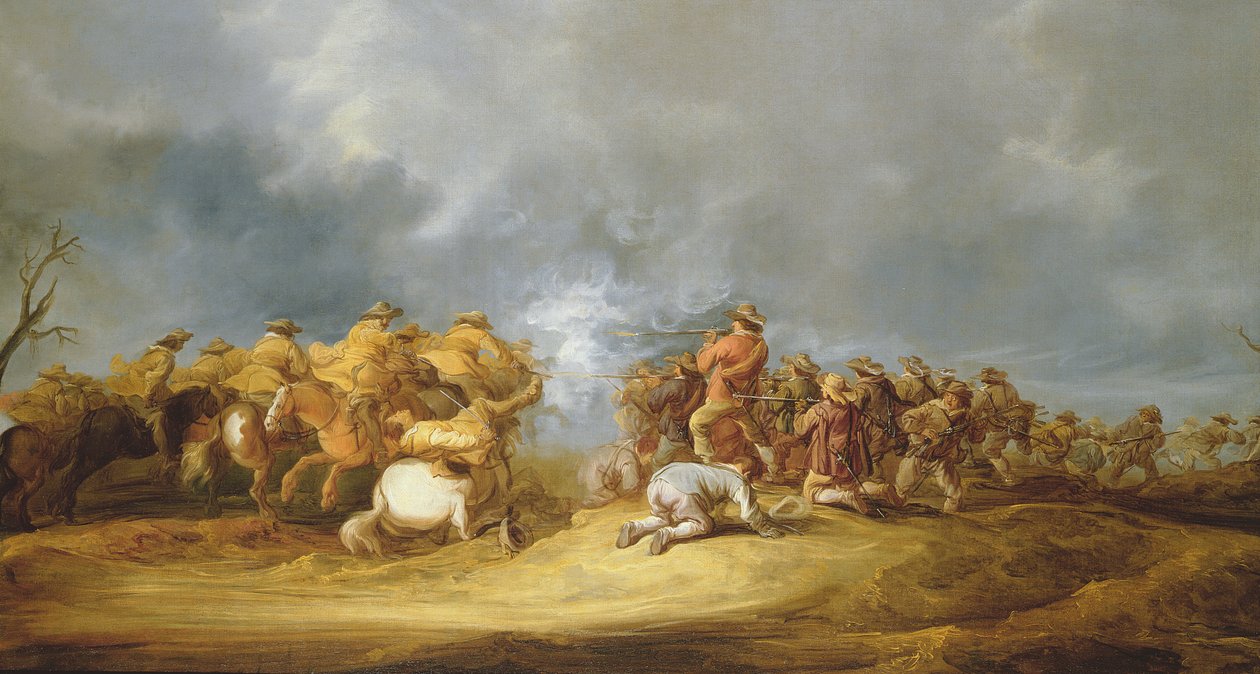 Szarża kawalerii: oddziały konne atakujące blok muszkietów autorstwa Benjamin Gerritsz. Cuyp