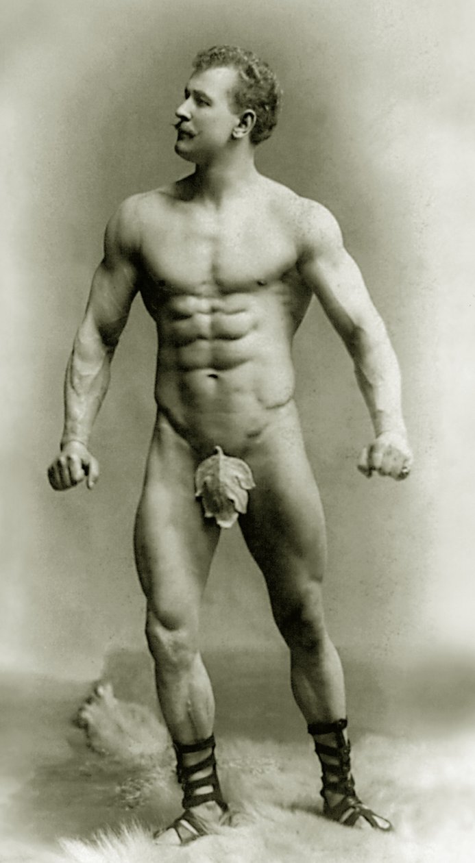 Eugen Sandow, w klasycznej pozie starożytnego Greka-Rzymianina, ok. 1894 r. autorstwa Benjamin J. Falk