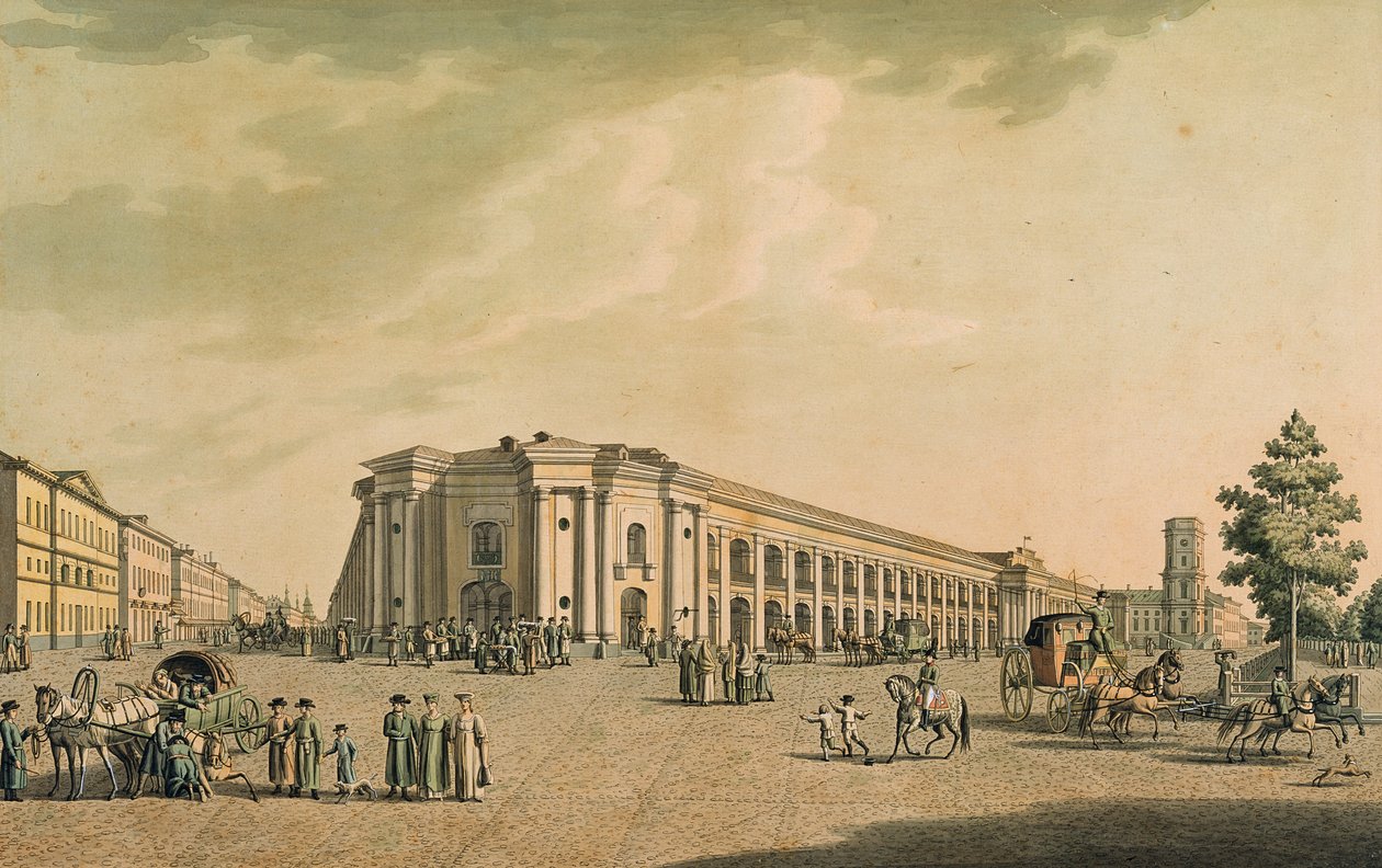 Widok na sklepy rosyjskie na Newskim Prospekcie, z domem Dumy, Sankt Petersburg, 1802 (rycina z wc) autorstwa Benjamin Patersson