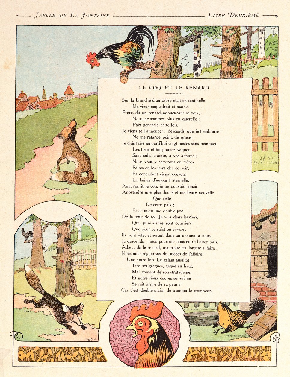 Kogucik i lis, ilustracja z „Bajek” Jeana de la Fontaine, wydanie z 1906 r. autorstwa Benjamin Rabier