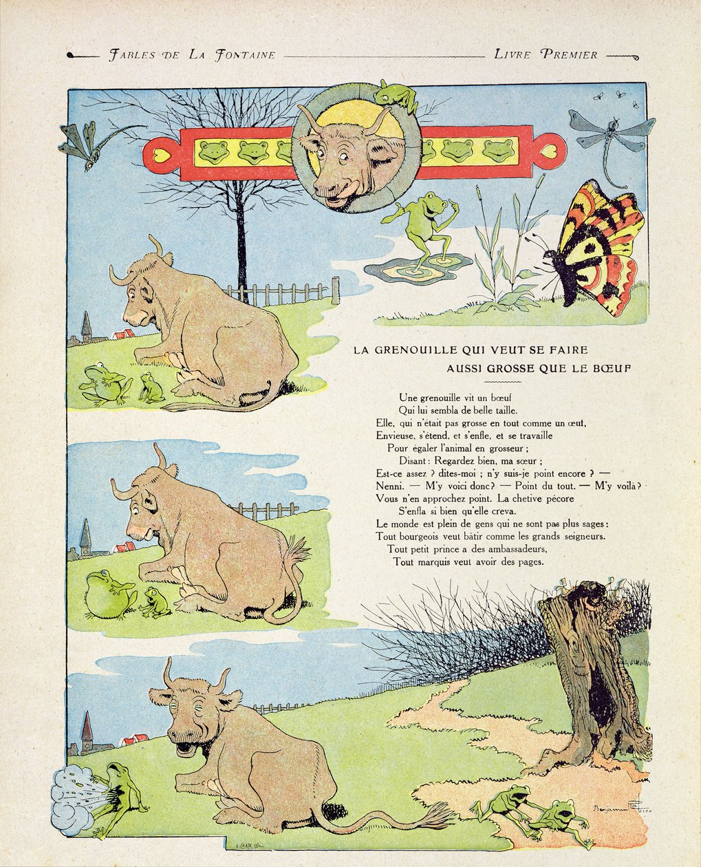 Żaba, która chciała być gruba jak byk, ilustracja z „Bajek” Jeana de la Fontaine, wydanie 1906 autorstwa Benjamin Rabier