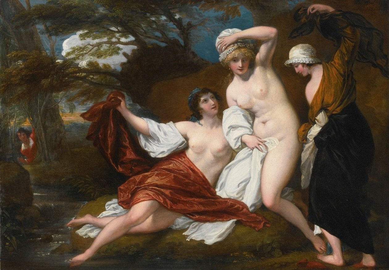 Musidora i jej dwaj towarzysze, Sacharissa i Amoret, w kąpieli szpiegowane przez Damonna autorstwa Benjamin West