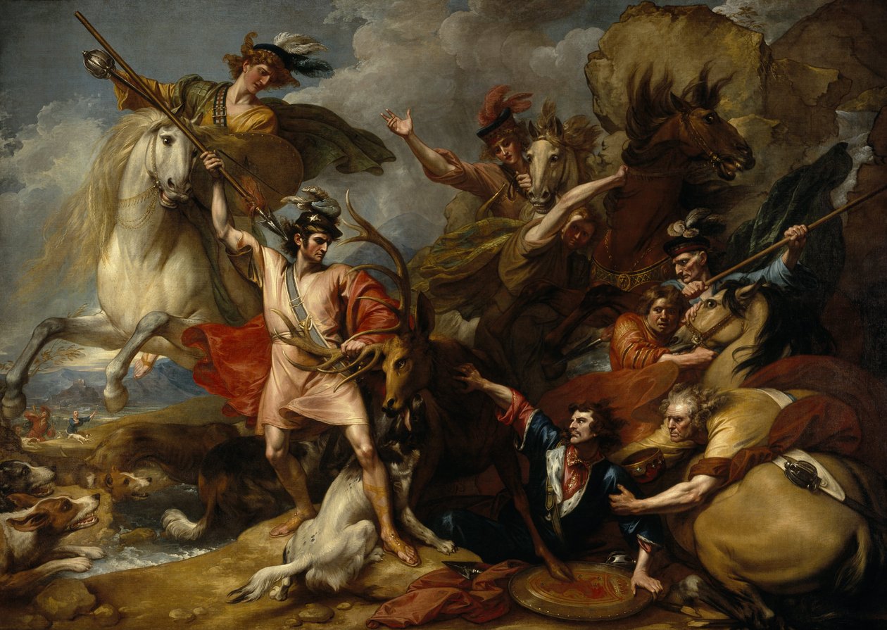 Aleksander III Szkocki uratowany od furii jelenia przez nieustraszoność Colina Fitzgeralda (Śmierć jelenia) autorstwa Benjamin West