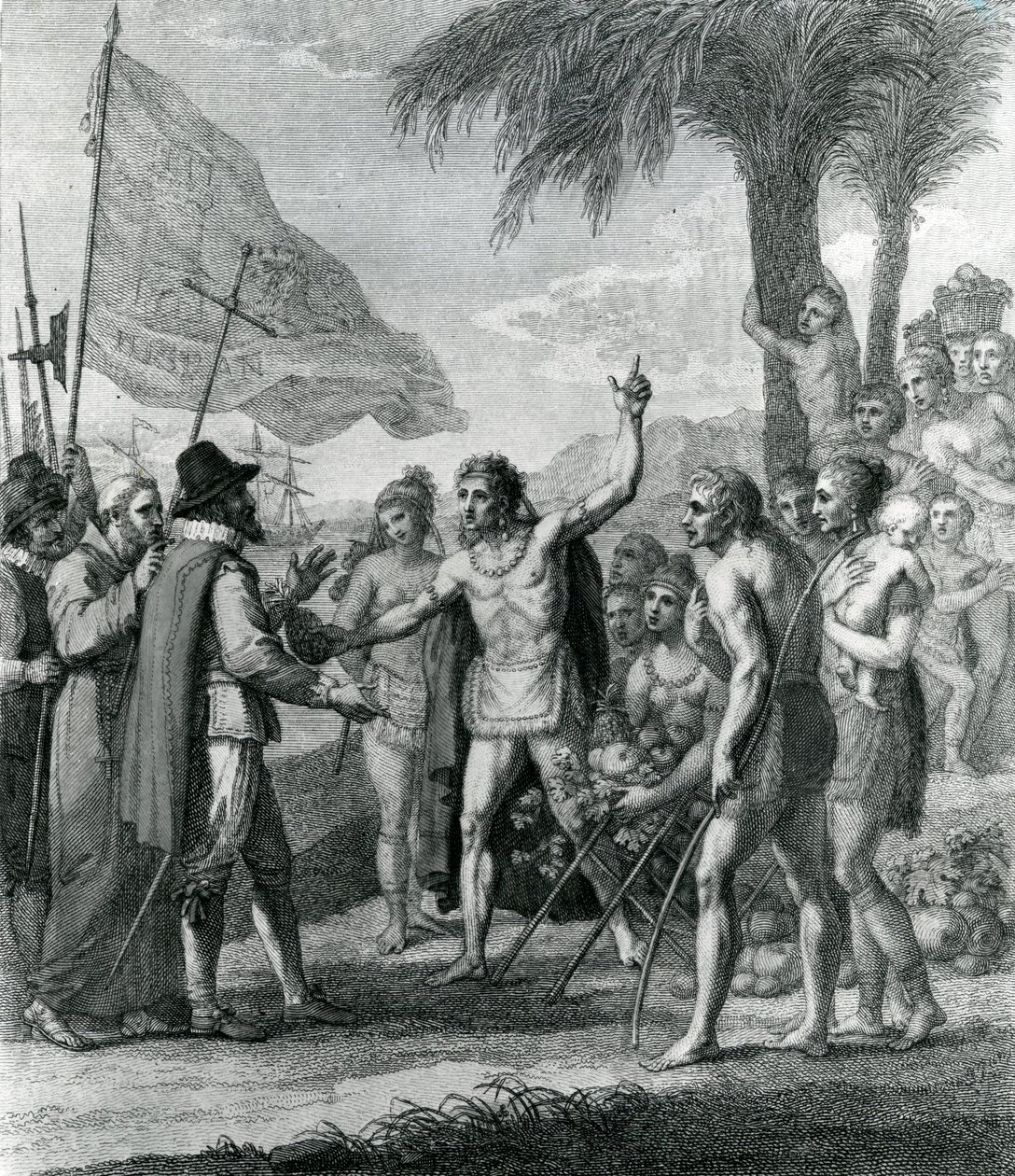 Indyjski kacyk z wyspy Kuba zwracający się do Kolumba (1451-1500) w sprawie przyszłego stanu, frontispis do „Historii, cywilnej i handlowej kolonii brytyjskich w Indiach Zachodnich” autorstwa Bry autorstwa Benjamin West
