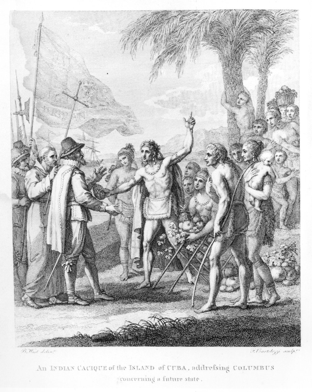 Indiański kacyka z wyspy Kuba zwracający się do Kolumba (1451-1500) w sprawie przyszłego państwa, frontispis do "Historii, cywilnej i handlowej kolonii brytyjskich w Indiach Zachodnich" Bry autorstwa Benjamin West
