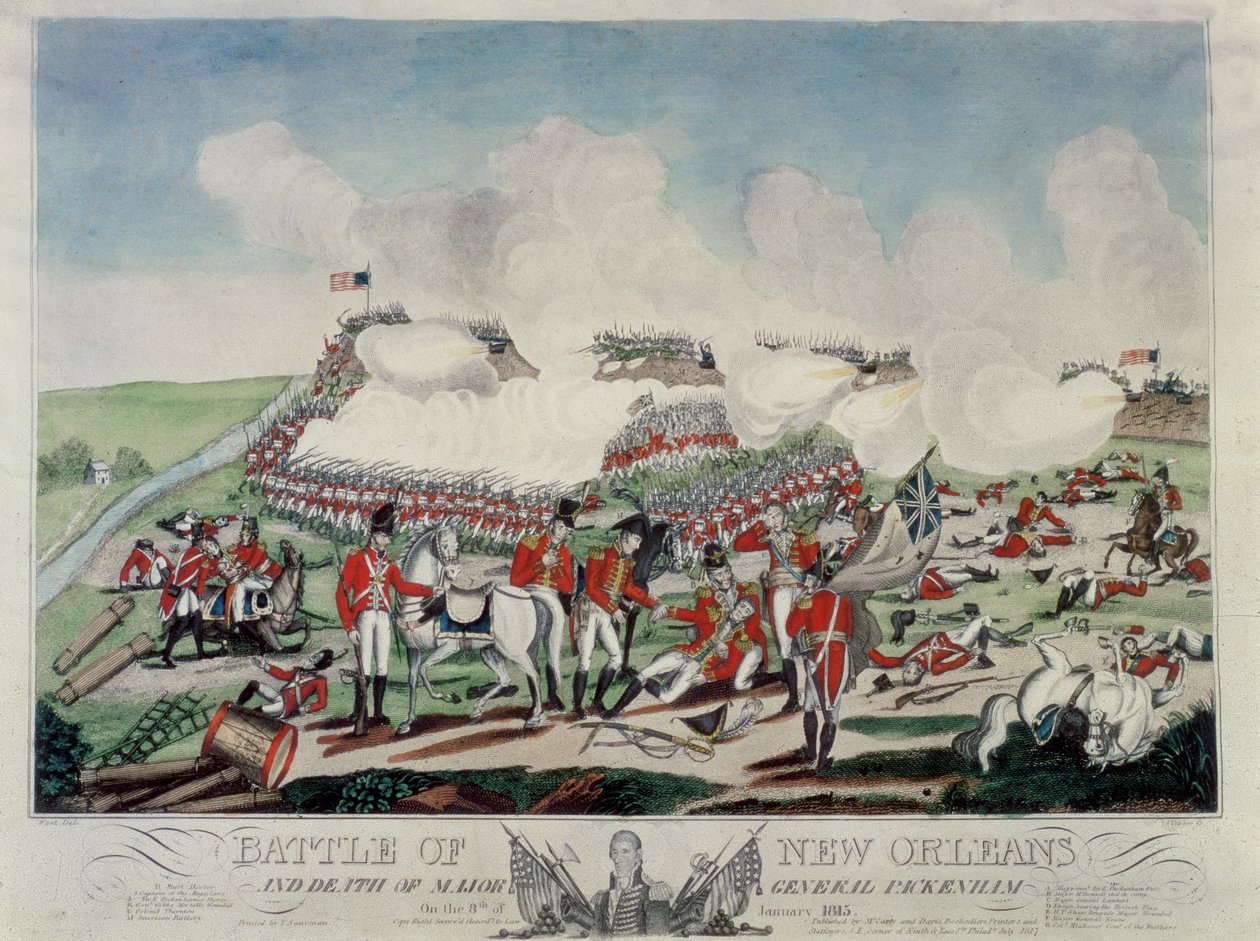 Bitwa o Nowy Orlean i śmierć generała majora Packenhama 8 stycznia 1815 r., rycina J. Yeager, opublikowana przez McCarly und Davis, 1817 autorstwa Benjamin West