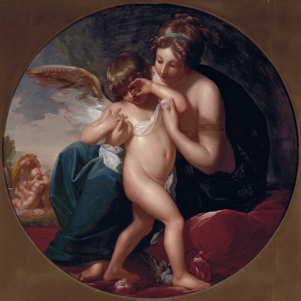 Kupidyn, ukąszony przez pszczołę, pielęgnowany przez Matkę, 1774 autorstwa Benjamin West