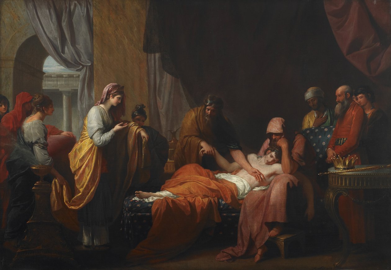 Lekarz Erisistratus odkrywa miłość Antiocha do Stratonice autorstwa Benjamin West