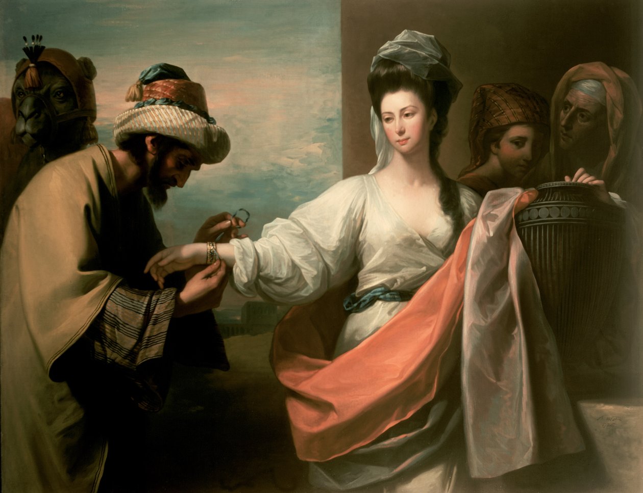 Sługa Izaaka przymierza bransoletę na ręce Rebeki autorstwa Benjamin West