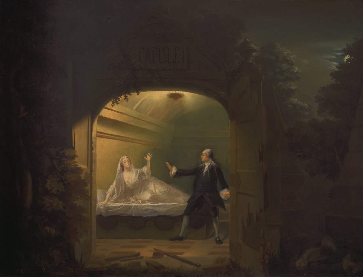 David Garrick i George Anne Bellamy w Romeo i Julii, Akt V, Scena III autorstwa Benjamin Wilson
