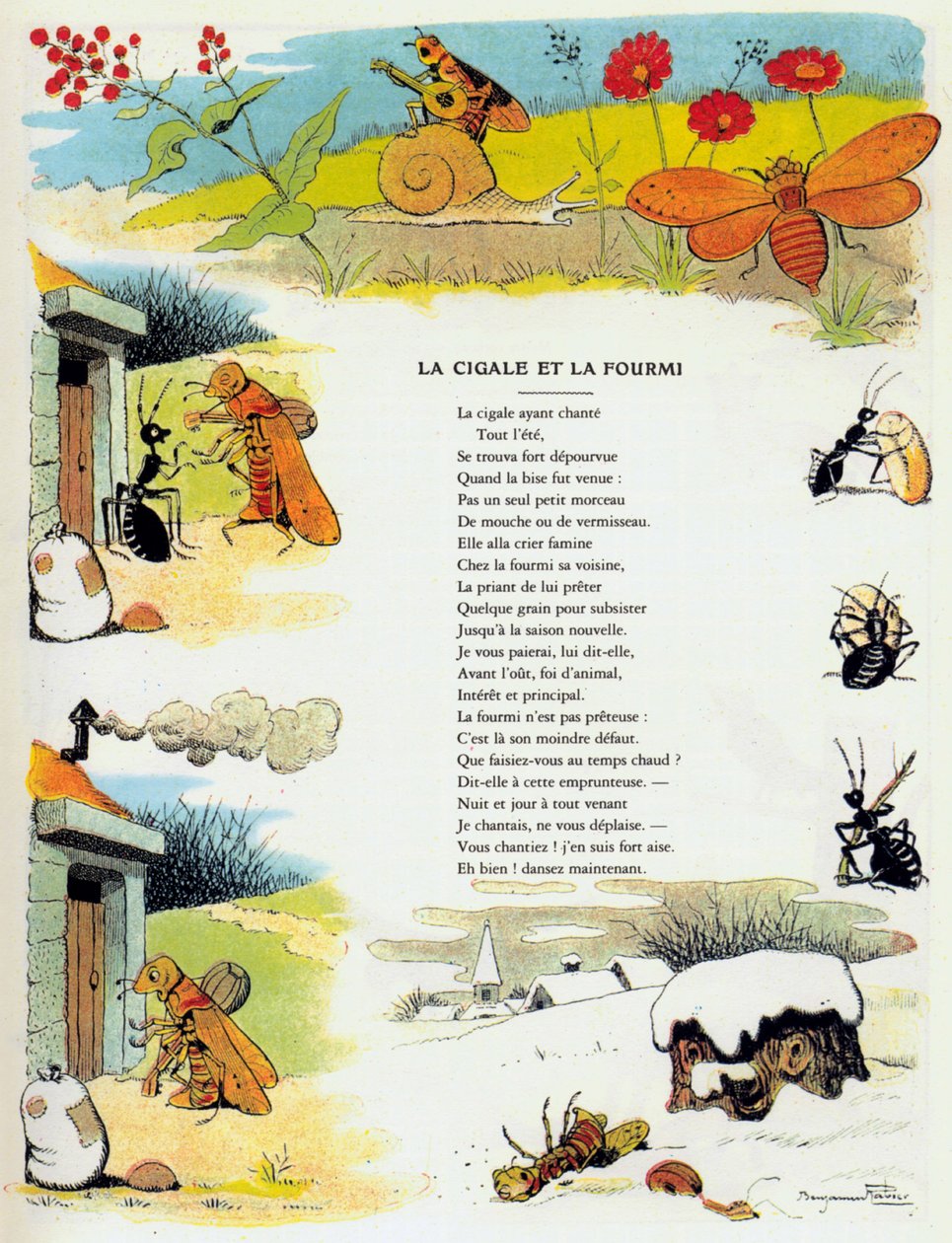 Cykada i mrówka, ilustracja z „Bajek” Jeana de la Fontaine autorstwa Benjamin (after) Rabier
