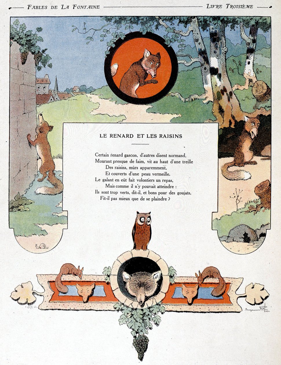 Lis i winogrona, ilustracja z „Bajek” Jeana de la Fontaine autorstwa Benjamin (after) Rabier