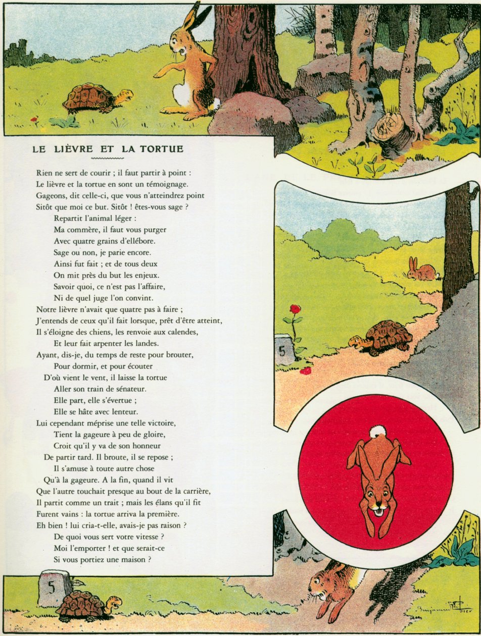 Zając i żółw, ilustracja z „Bajek” Jeana de la Fontaine autorstwa Benjamin (after) Rabier