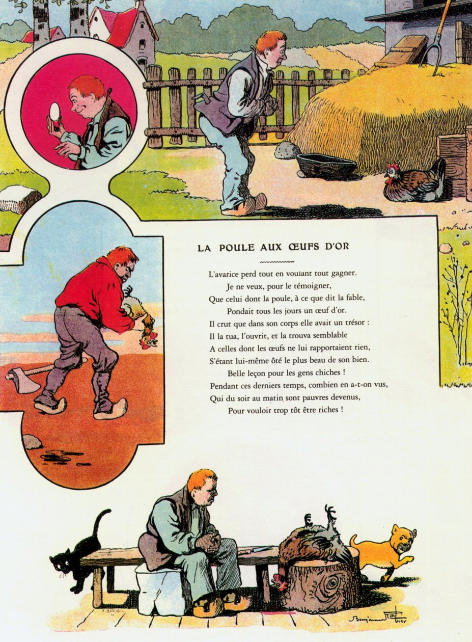 Kura ze złotymi jajkami, ilustracja z „Bajek” Jeana de la Fontaine autorstwa Benjamin (after) Rabier
