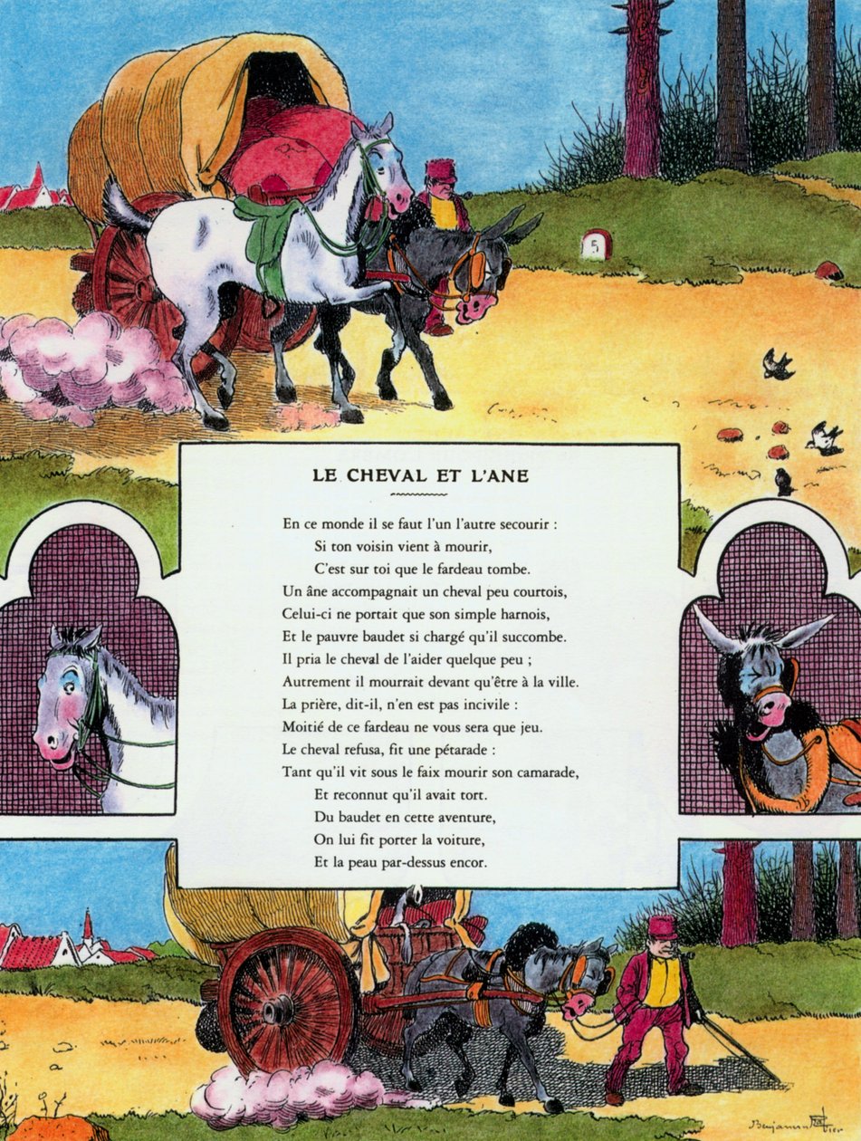Koń i osioł, ilustracja z „Bajek” Jeana de la Fontaine autorstwa Benjamin (after) Rabier
