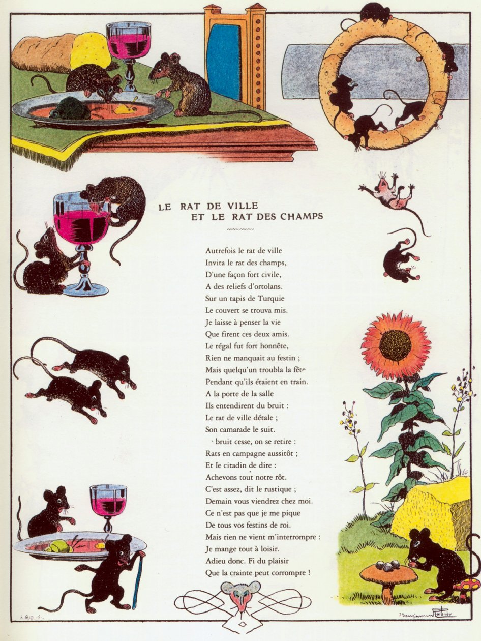 Mysz miejska i mysz wiejska, ilustracja z „Bajek” Jeana de la Fontaine autorstwa Benjamin (after) Rabier