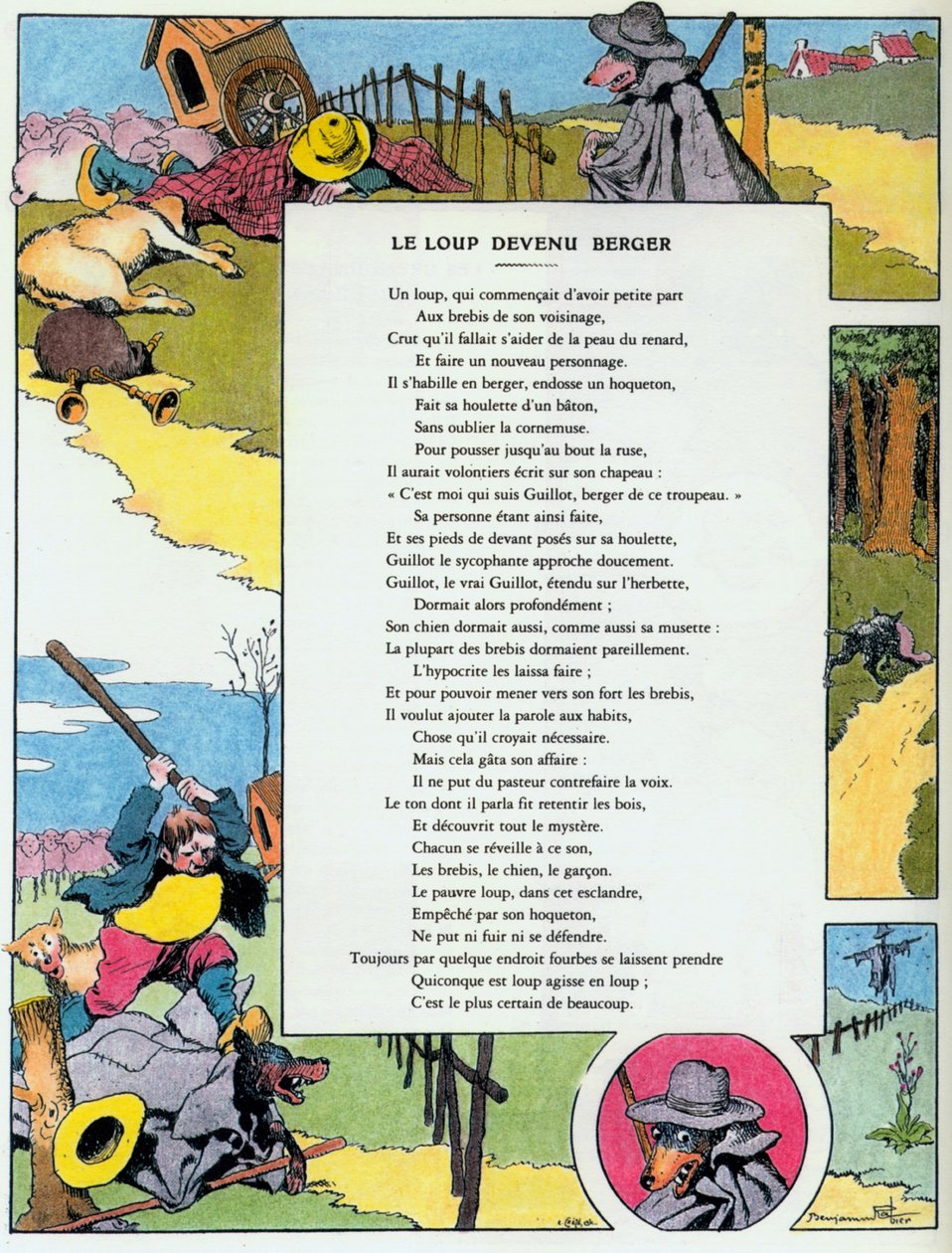 Wilk, który stał się pasterzem, ilustracja z „Bajek” Jeana de la Fontaine autorstwa Benjamin (after) Rabier