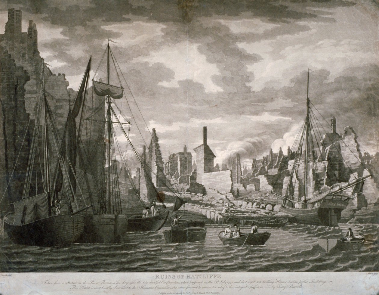 Widok obszaru Ratcliffe w Londynie, ukazujący ruiny po pożarze z 23 lipca 1794 r. autorstwa Benjamin Burnell