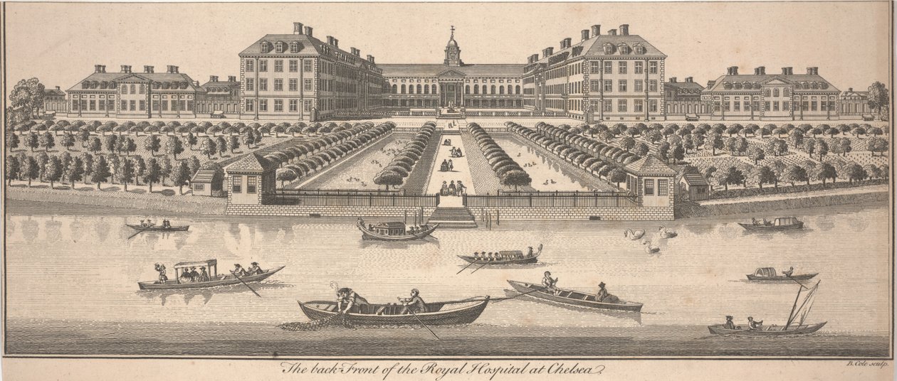 Tylna ściana Szpitala Królewskiego w Chelsea, opublikowana w 1756 r. (miedzioryt) autorstwa Benjamin Cole