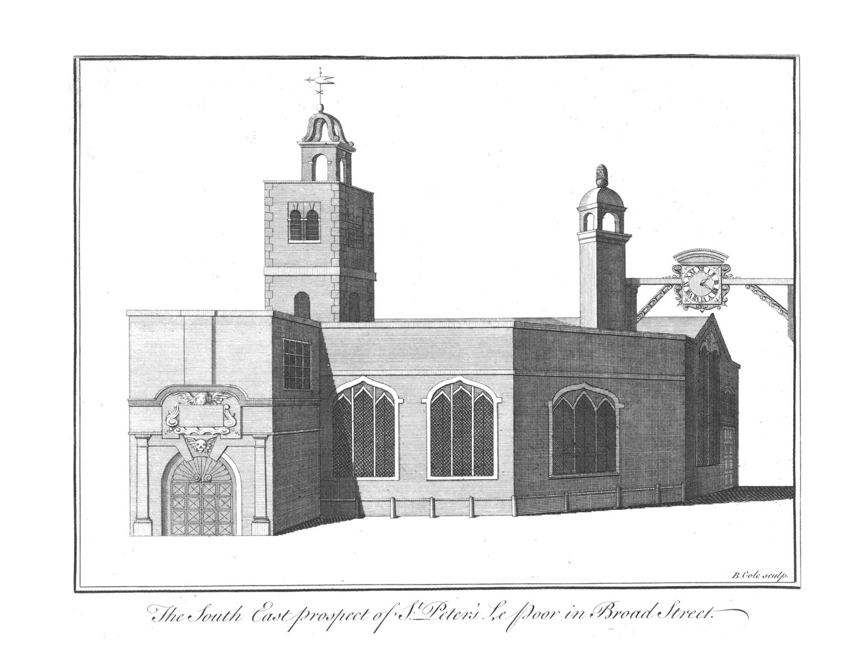 South East Prospect of St.Peters Le Poor na Broad Street., c1756 autorstwa Benjamin Cole