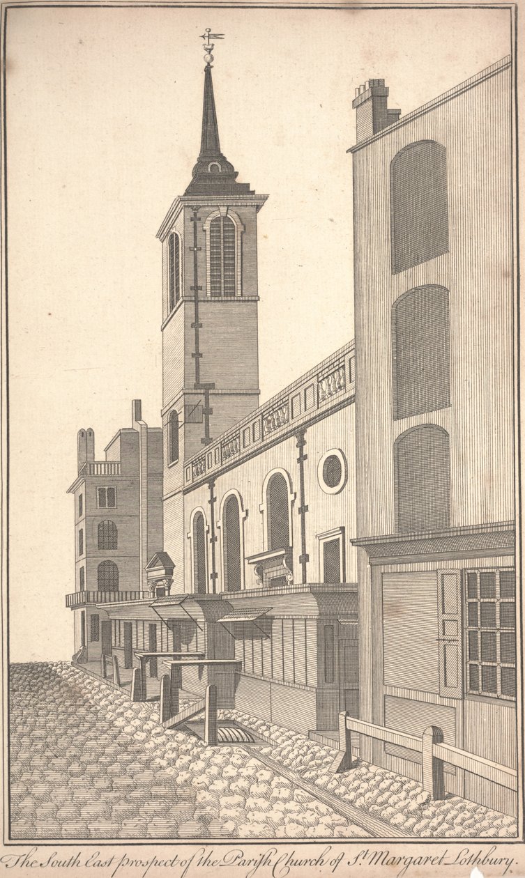 Perspektywa południowo-wschodnia kościoła parafialnego św. Małgorzaty Lothbury, ok. 1750 (rycina) autorstwa Benjamin Cole