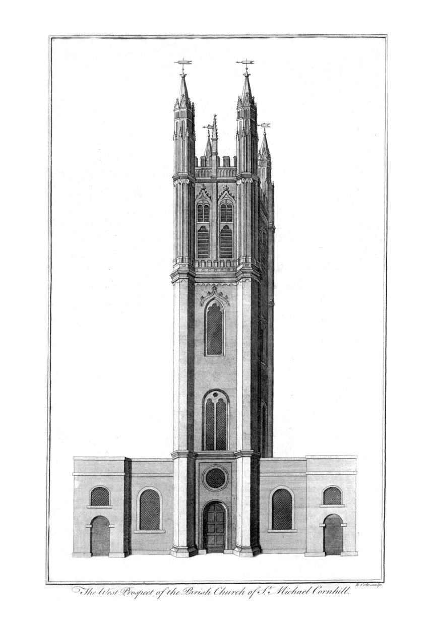 Zachodnia perspektywa kościoła parafialnego św. Michała Cornhilla, ok. 1756 r. autorstwa Benjamin Cole