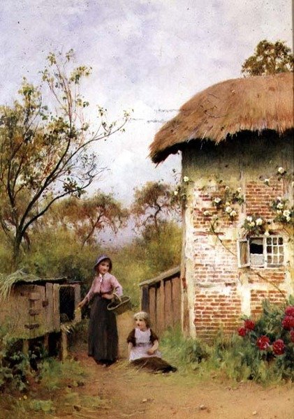 Karmienie królików (akwarela) autorstwa Benjamin D. Sigmund