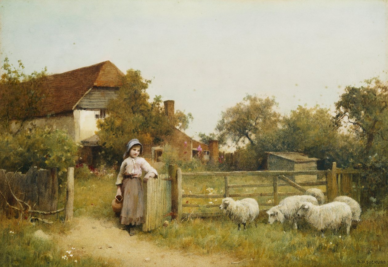 Młoda dziewczyna z owcą przy domku autorstwa Benjamin D. Sigmund