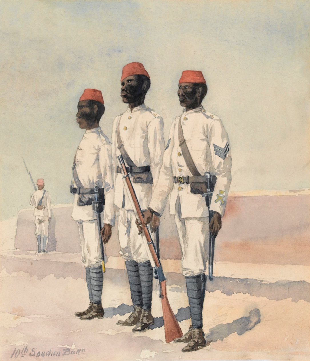 Sierżant i dwa inne stopnie z 10. batalionu sudańskiego, c.1889 (akwarela) autorstwa Benjamin Donisthorpe Alsop Donne