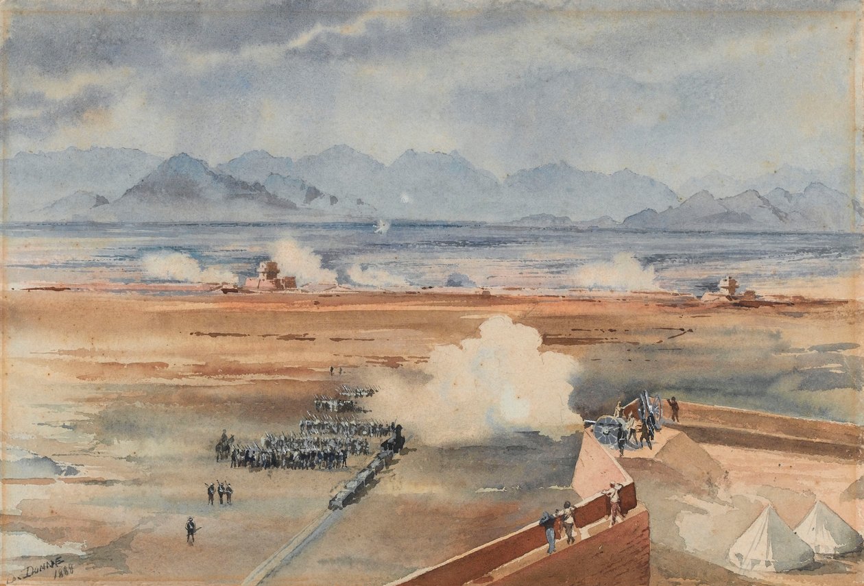 Soldie oddziałów sudańskich garnizonu anglo-egipskiego przed udaną akcją przeciwko derwiszom w Gemazih, Suakin, 20 grudnia 1888 (akwarela) autorstwa Benjamin Donisthorpe Alsop Donne