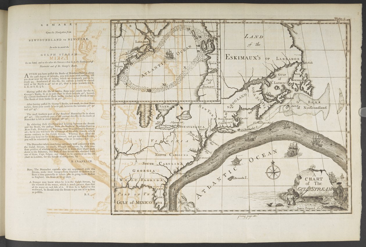 A Chart of the Gulf Stream, w „Transactions of the American Philosophical Society”, tom 2, Franklin, Benjamin i Folger autorstwa Benjamin Franklin