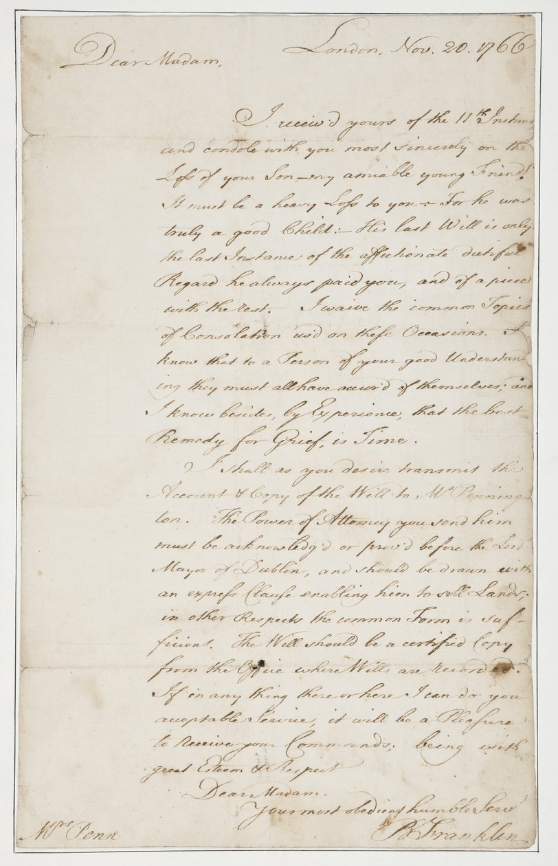 Autograf listu do pani Ann Penn, Londyn, 20 listopada 1766 (pióro i atrament na papierze) autorstwa Benjamin Franklin
